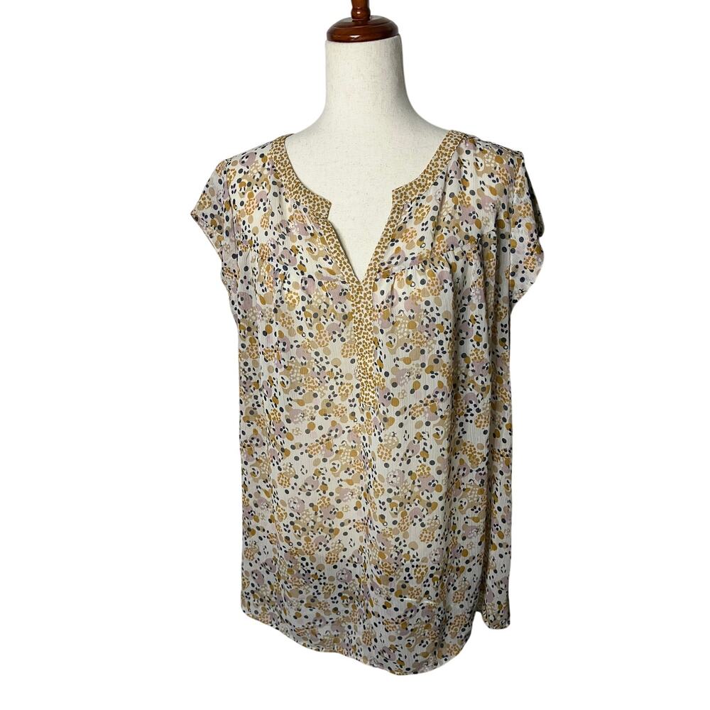DR2 Women’s 1X Cream Mustard Blush Abstract Print Cap Sleeve Blouse